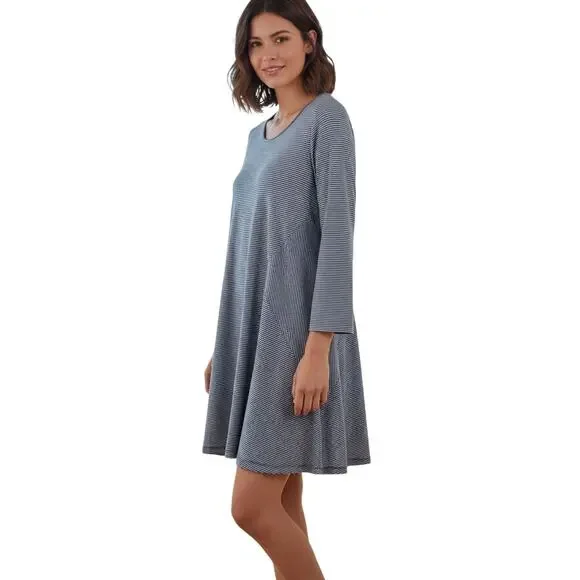 COMFY USA Stretch Striped Navy Blue White Casual Tee Dress Large Artsy Relaxed - Picture 1 of 9